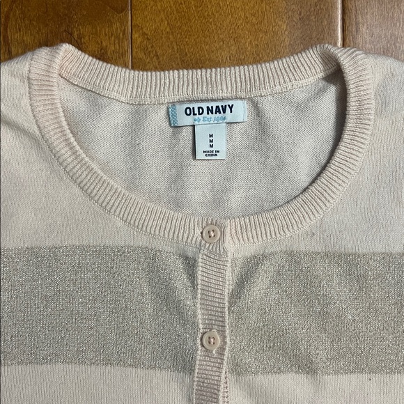 Old Navy Blush Pink & Silver Stripped Crew Neck Cardigan Size M Coquette Preppy - Picture 2 of 9